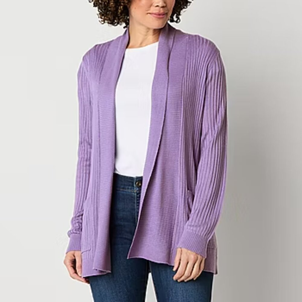 Liz Claiborne Cardigan Sweater Womens S Purple‎ Open Front Ribbed Knit Pockets